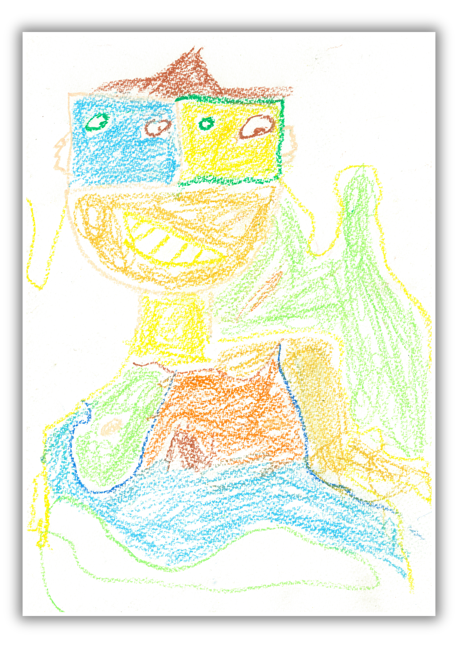Self-portrait by Bevan: a colourful crayon figure with blue and green rectangular shapes around the eyes and a broad smile.