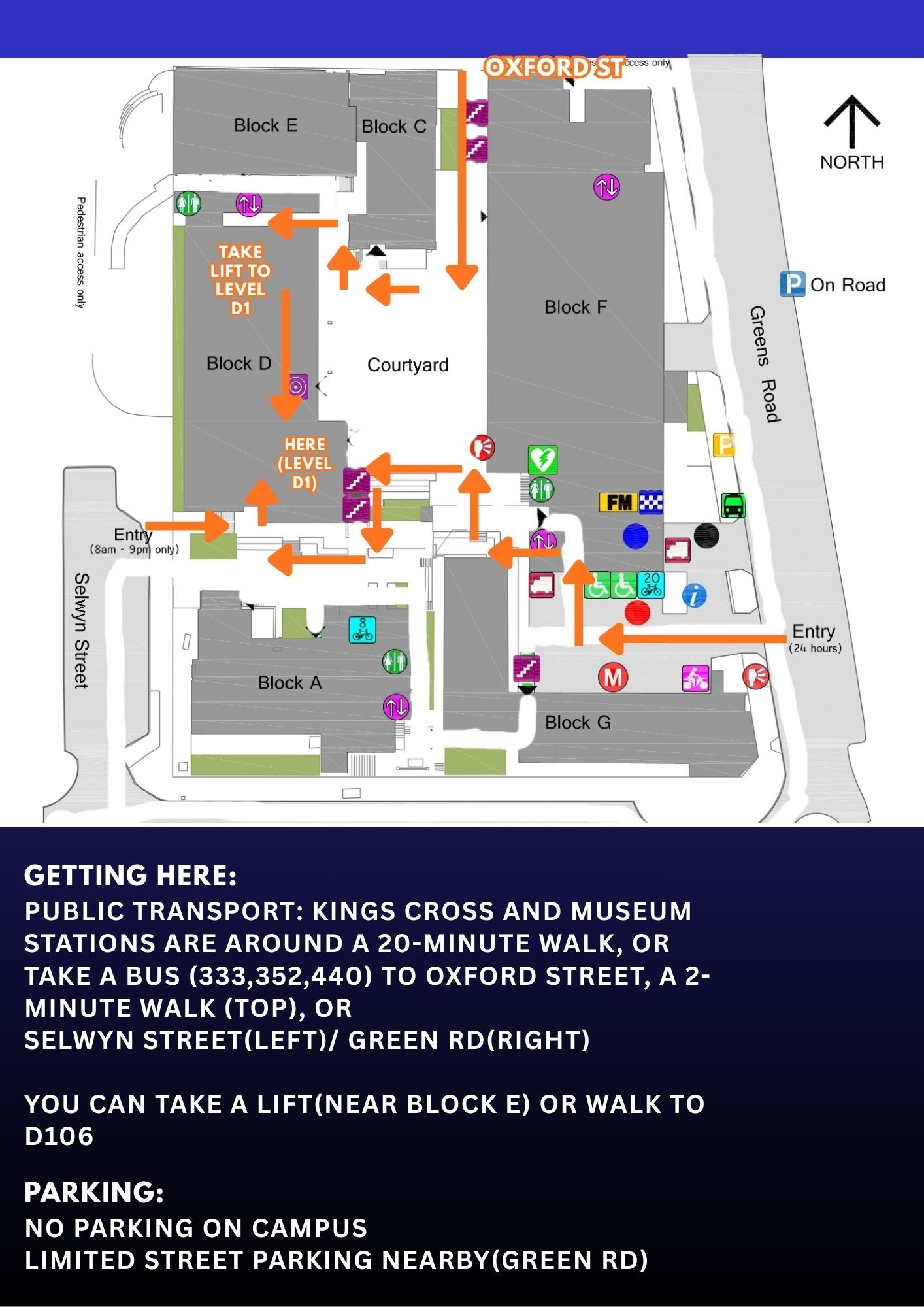 UNSW Art and Design campus access map showing routes from Oxford Street, Greens Road and Selwyn Street to Room D106 in Block D.