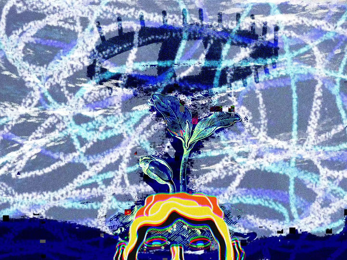 Layered blue collage with a bright outlined face, a figure, bars and a plant emerging upward.